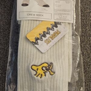 Peanuts Crew Socks - White with Yellow Embroidered Design